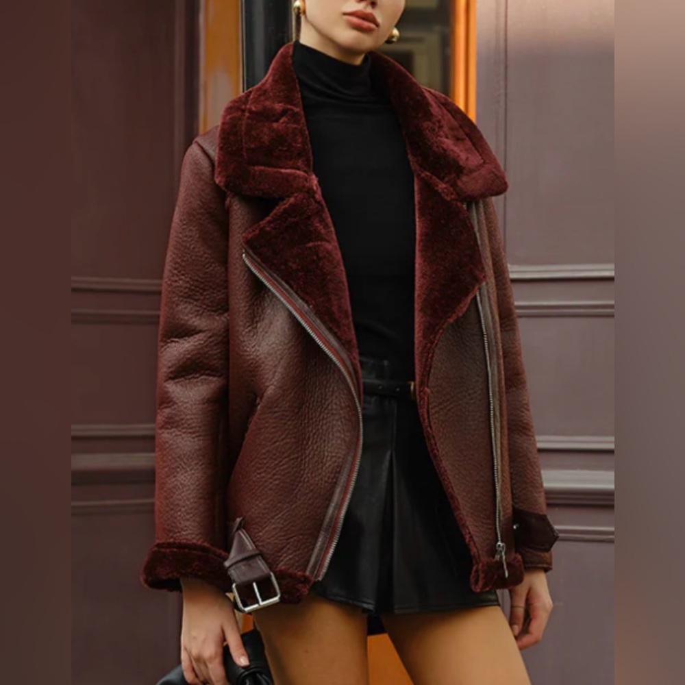 Zipper Belted Soft Fleece Jacket burgundy